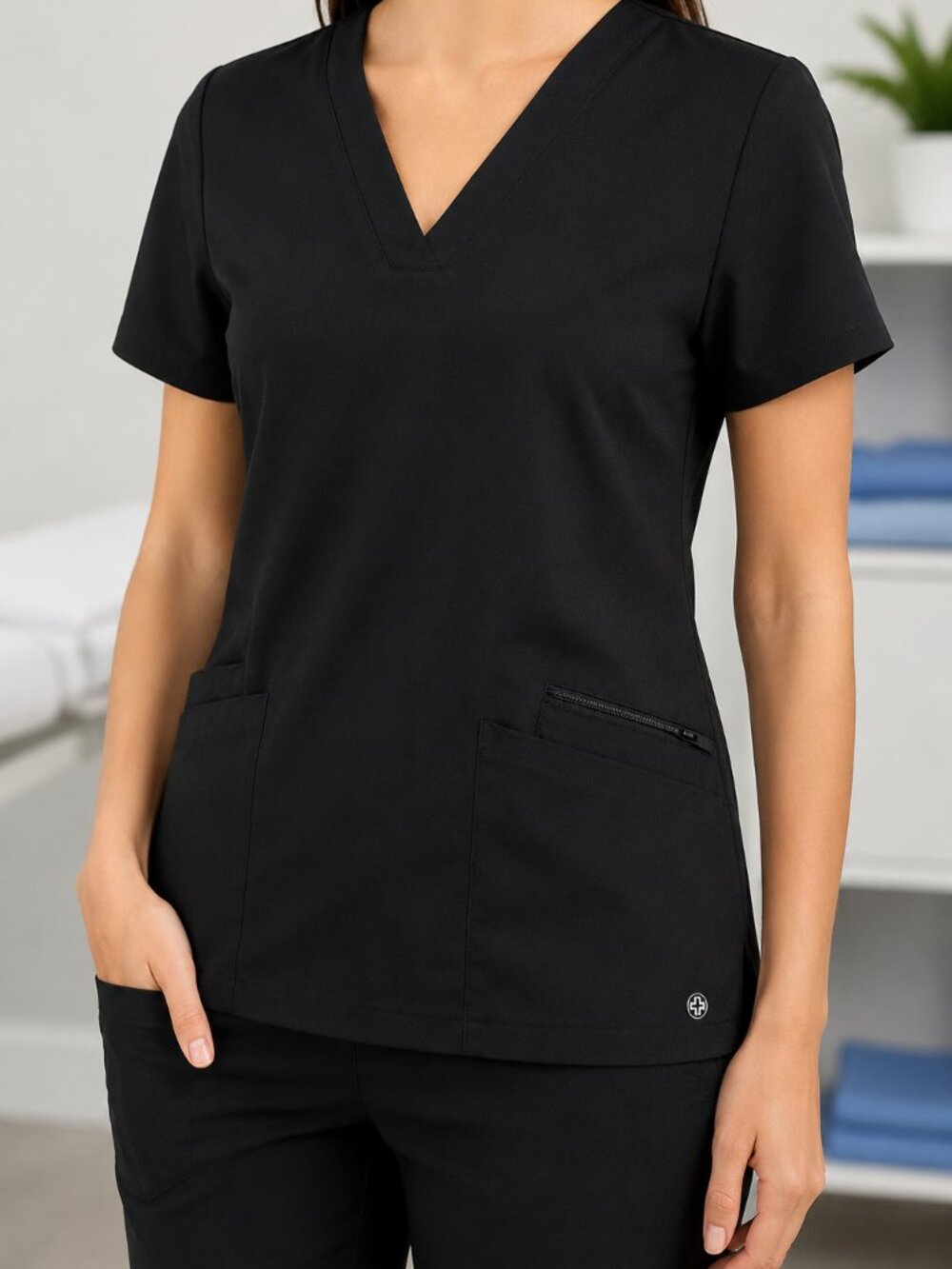 White Cross Black Scrub Top Women’s Medium • Stretch Medical Uniform V-Neck
